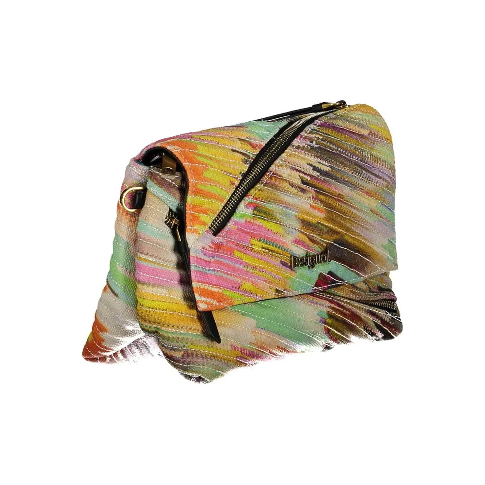 Desigual women's bag with vibrant abstract multicolor brushstroke pattern, textured fabric, and fold-over zip closure.