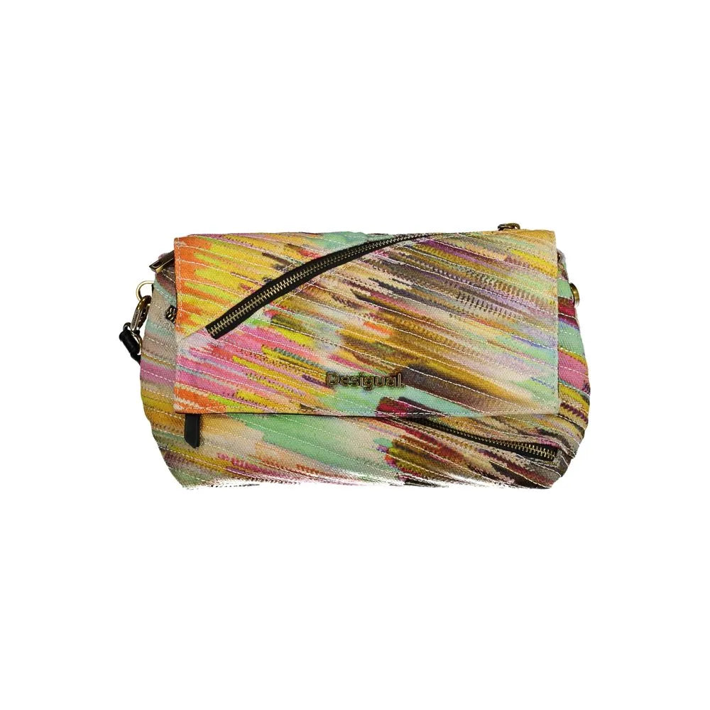 Desigual multicolor polyester women's bag with abstract print, diagonal zippers, and quilted texture.
