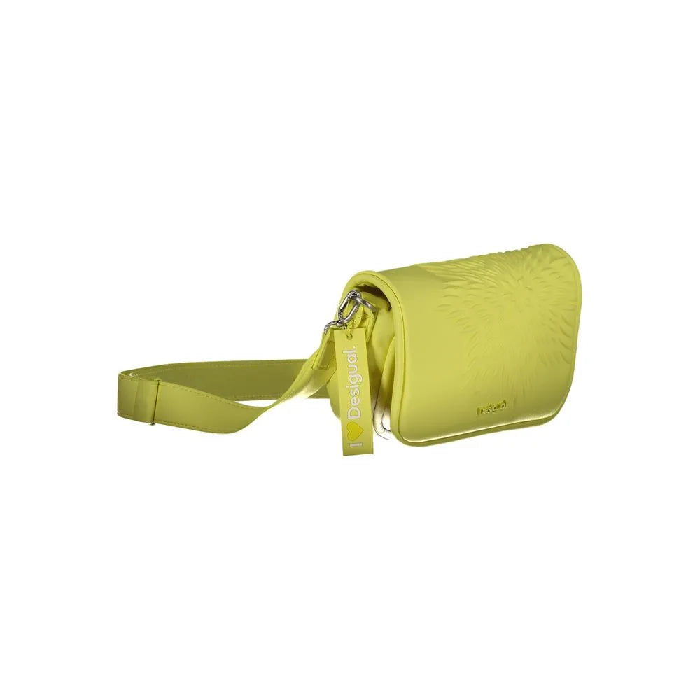 Giallo Desigual women's polyurethane handbag with embossed floral flap and adjustable strap.