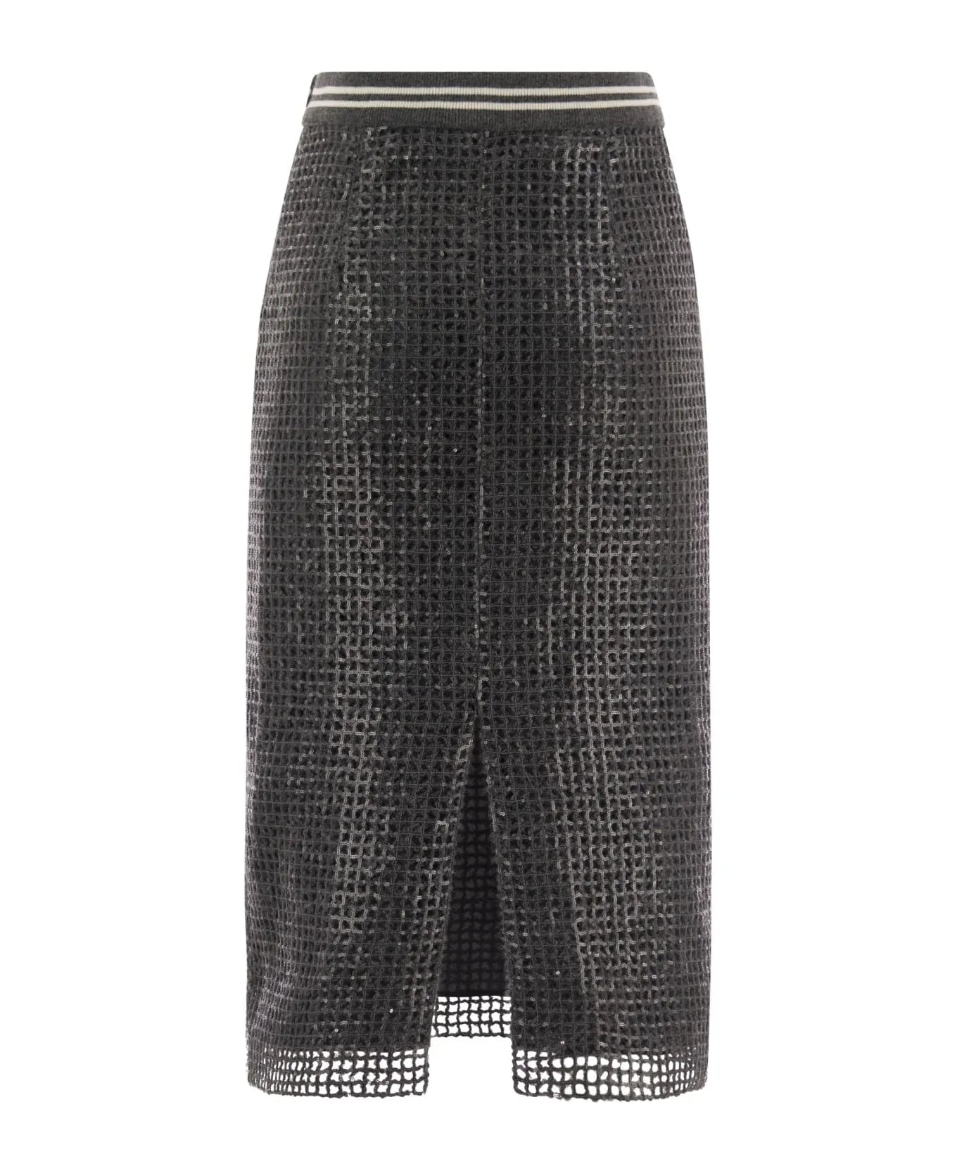 Dark grey acetate-silk long skirt with open-weave texture, front slit, and striped waistband.