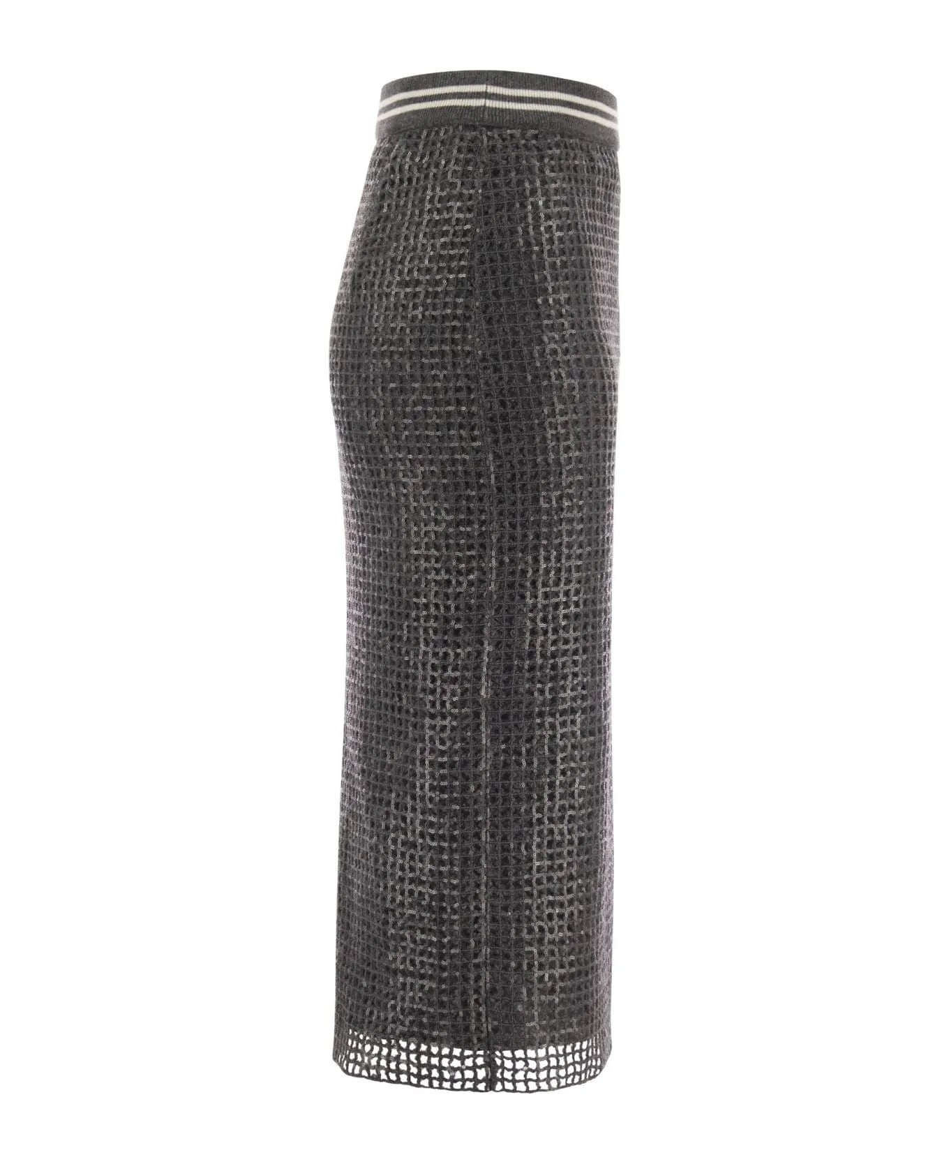 Dark grey acetate-silk blend long skirt featuring a textured knit pattern and striped ribbed waistband.
