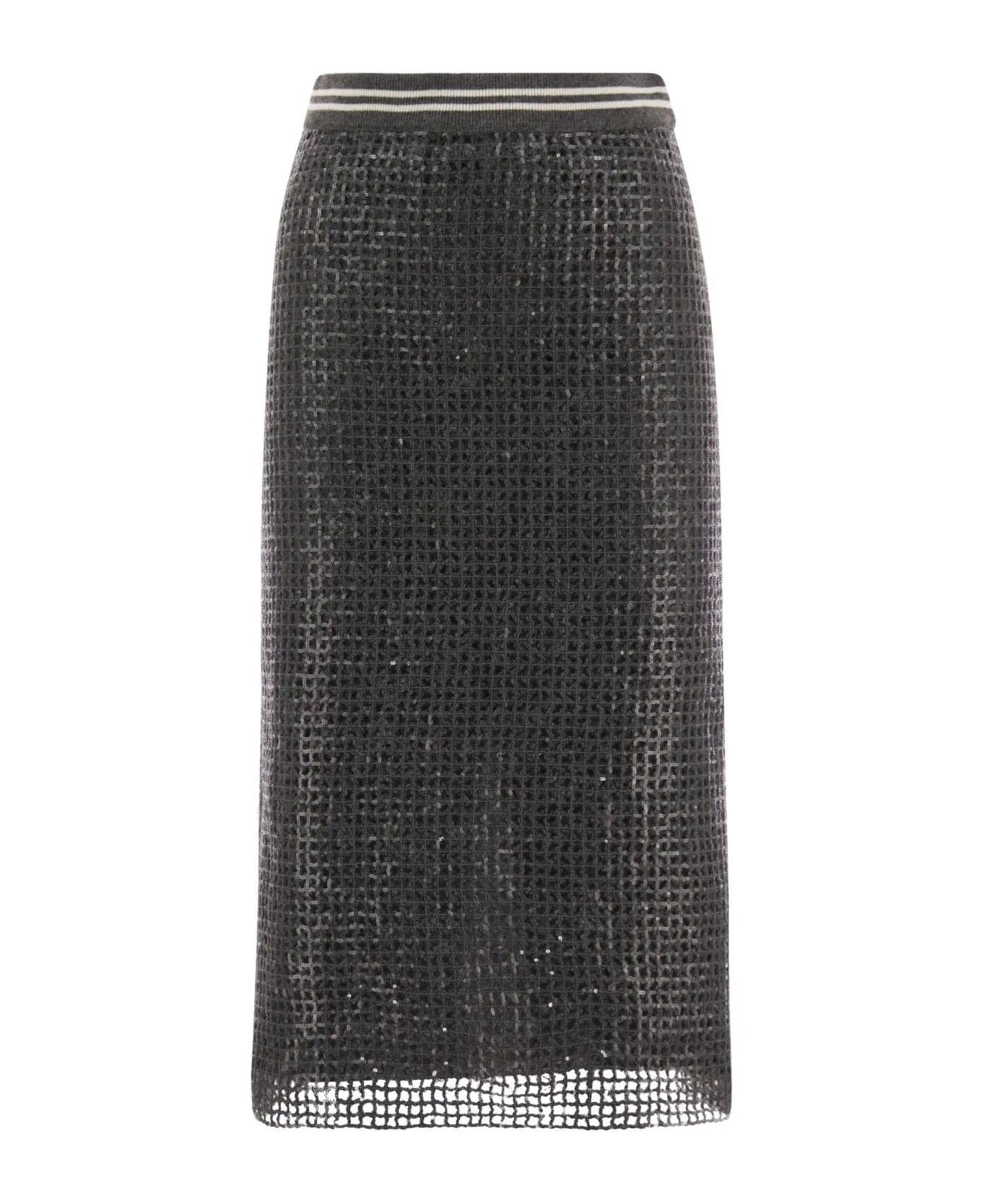 Dark grey acetate-silk long skirt with a shimmering textured knit and striped ribbed waistband.