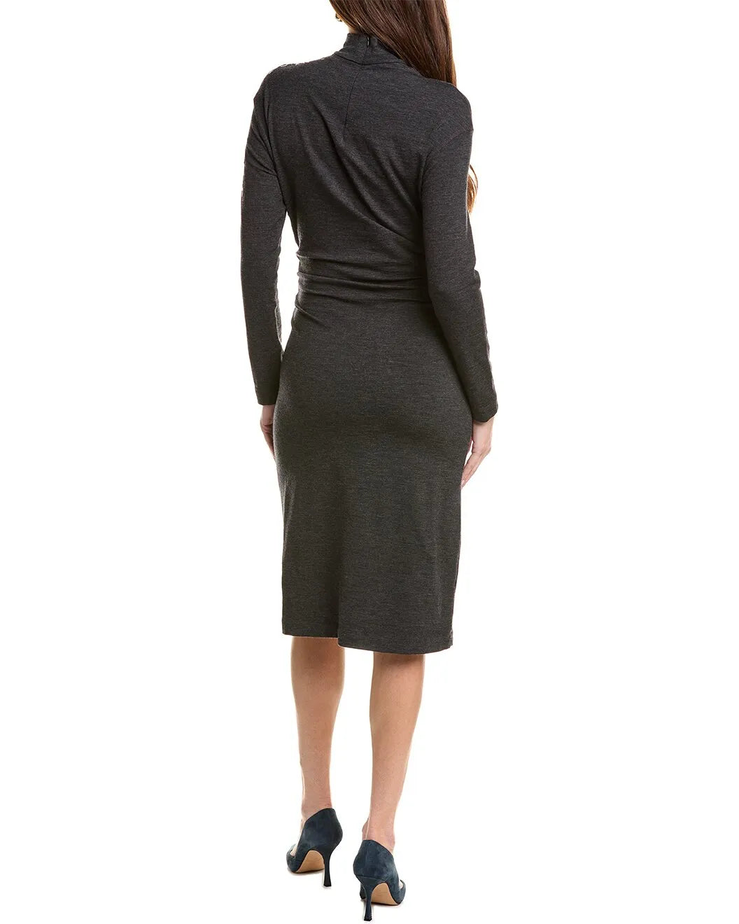 Brunello Cucinelli women's anthracite wool blend long-sleeve casual dress, high neck, back view.