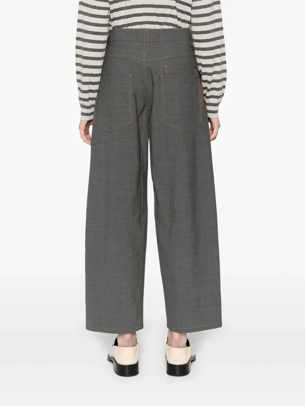 Brunello Cucinelli women's medium grey wool blend wide-leg casual pants with visible seams and back pockets.