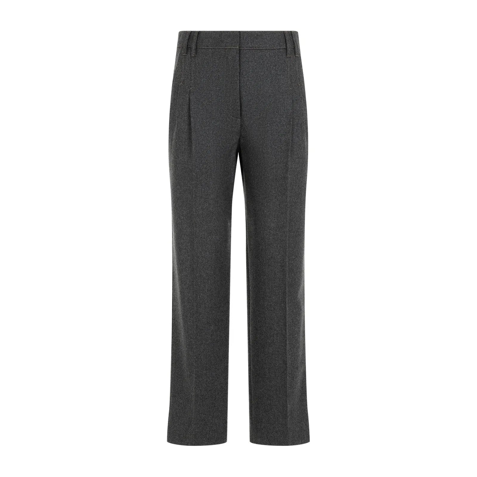 Dark grey Brunello Cucinelli women's wool cashmere blend trousers, featuring a sleek straight-leg design and subtle front pleats.