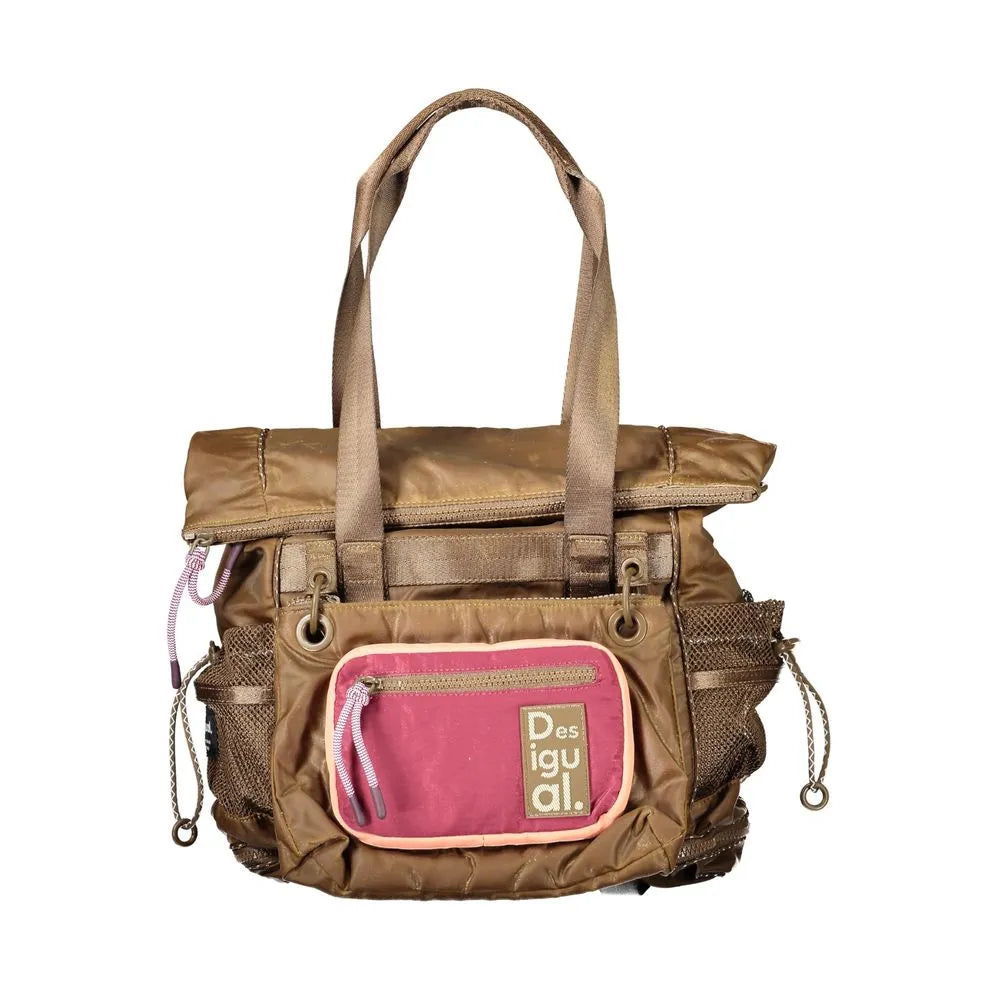 Marrone Desigual polyester convertible woman backpack with a pink front pocket, side mesh, and purple drawstrings.