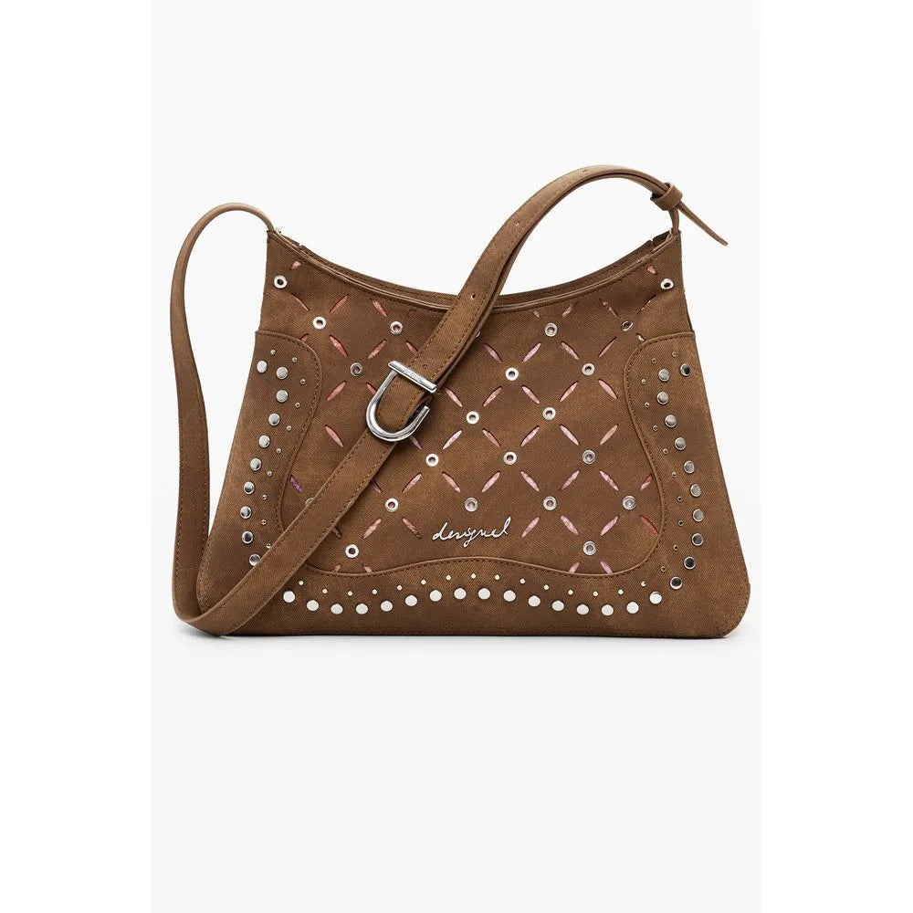 Desigual Marrone poliuretano women's shoulder bag with silver studs, pink-accented diamond pattern, and logo.