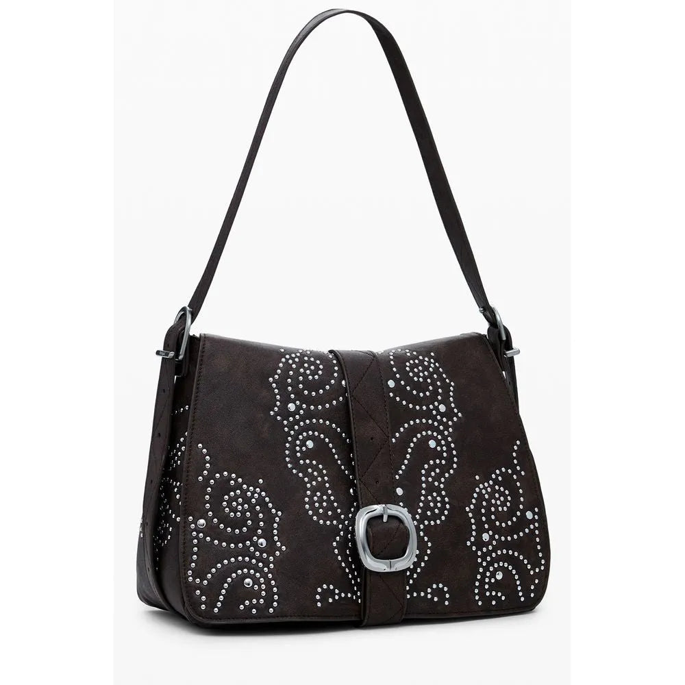 Desigual Marrone polyurethane women's handbag with intricate silver stud patterns and a prominent silver buckle.