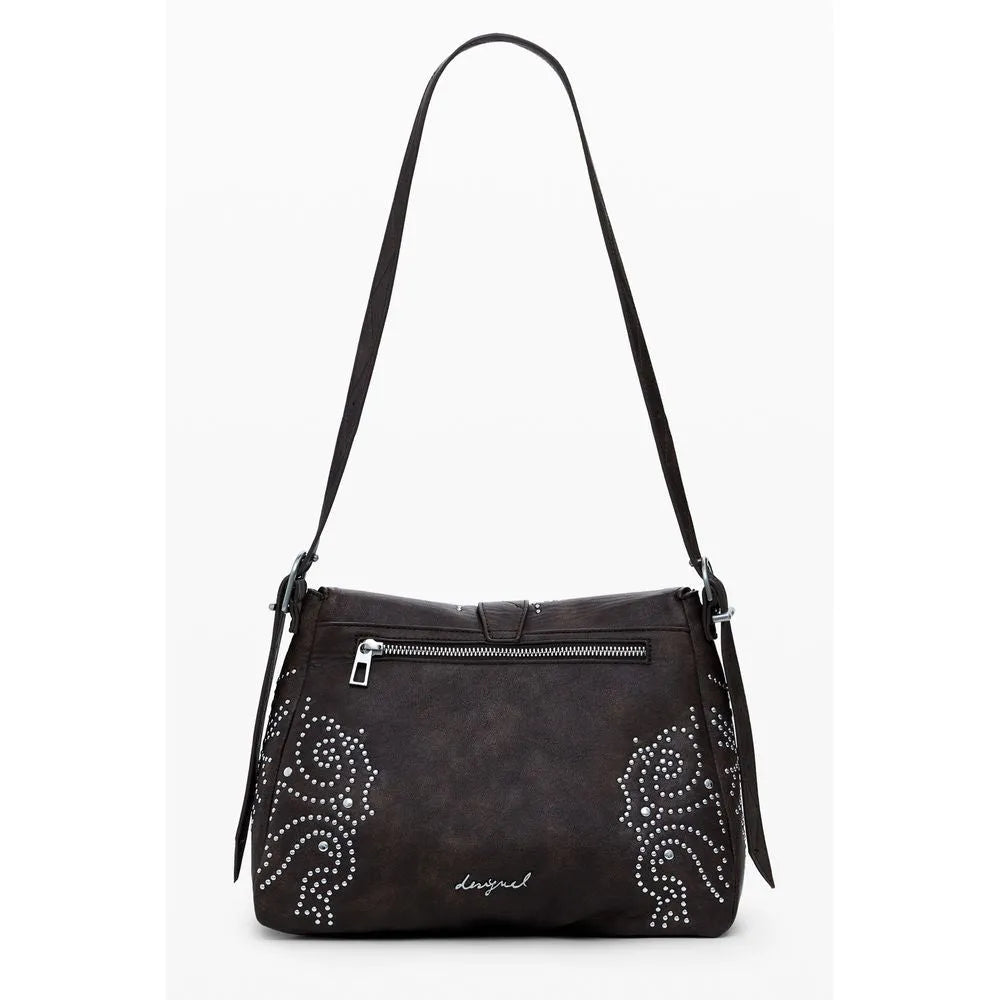 Desigual Marrone poliuretano women's handbag with intricate silver stud designs, external zip pocket, and adjustable strap.
