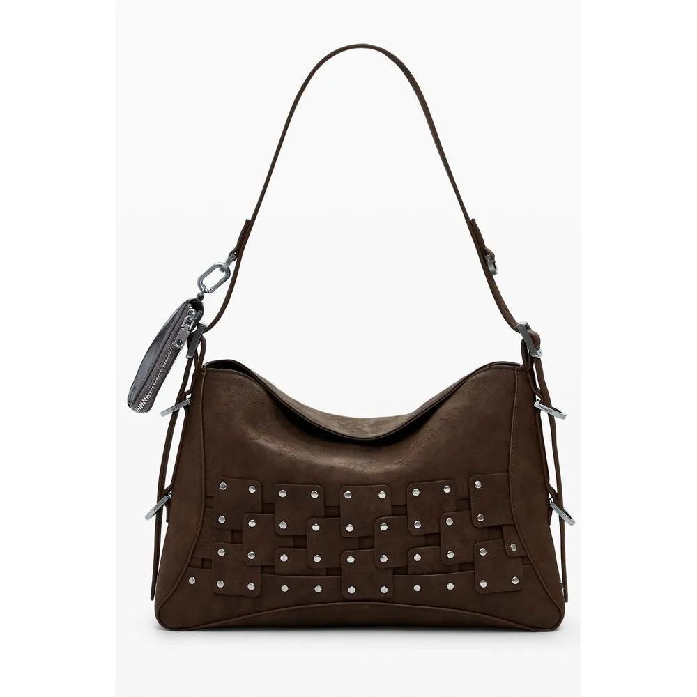 Brown polyurethane women's shoulder bag with silver studded woven front design and attached coin purse.