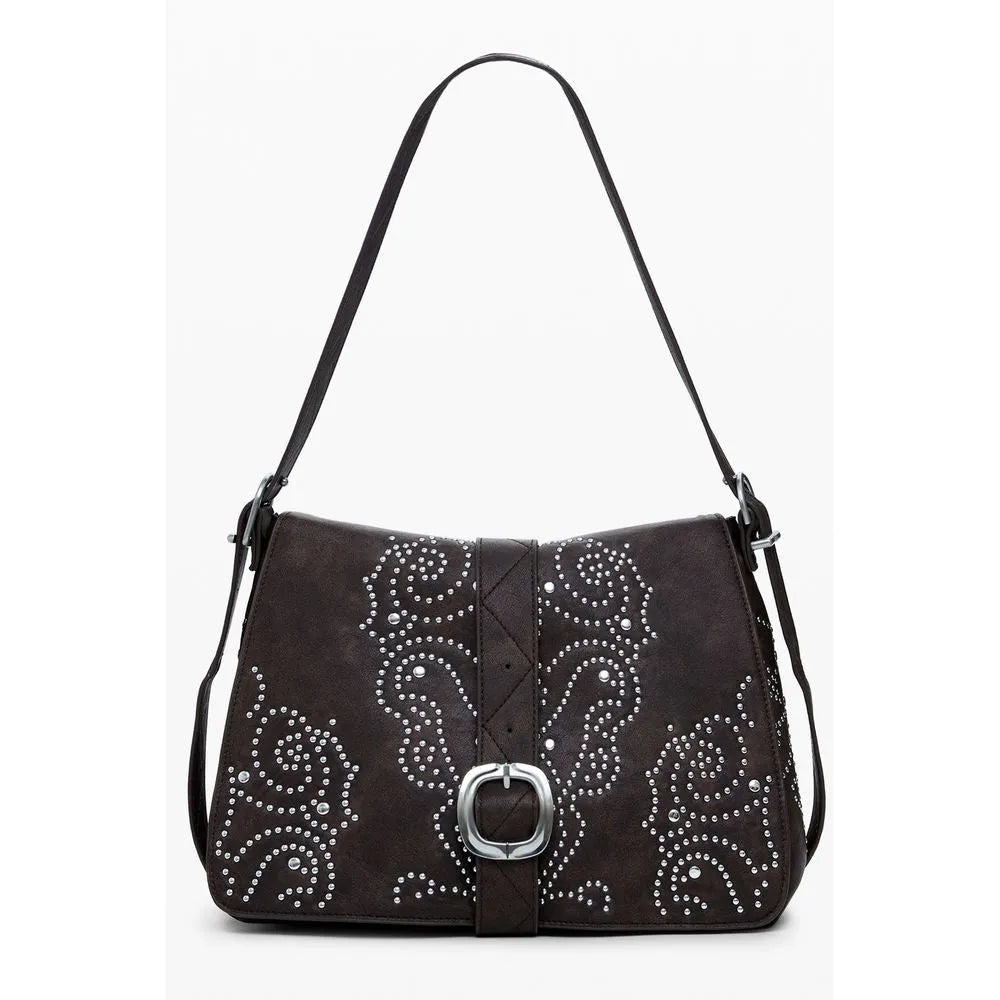 Marrone poliuretano women's handbag with intricate silver studded swirl patterns and a large silver buckle.