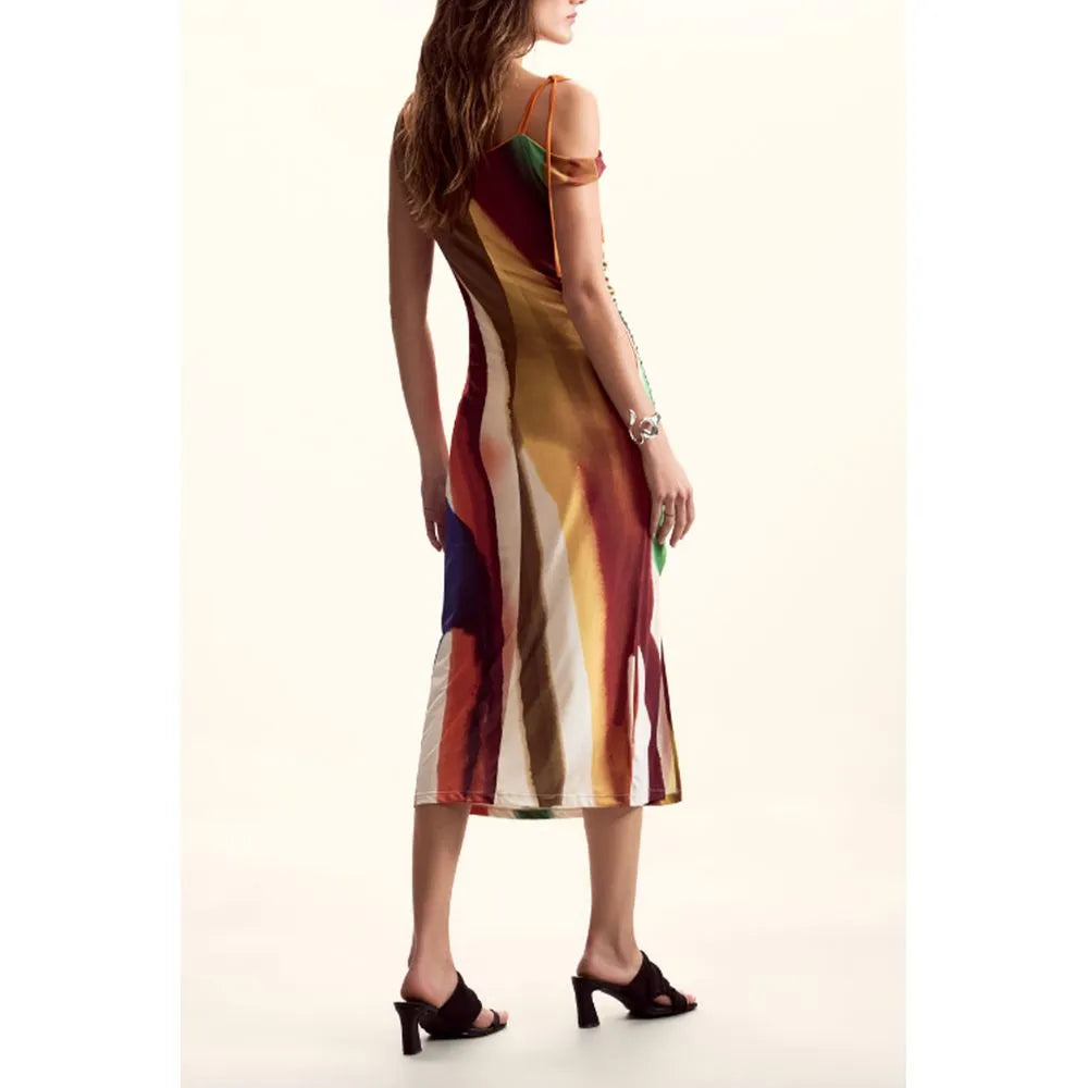 Marrone polyester women's midi dress with vibrant abstract multi-color stripe pattern, thin straps, and a side split.