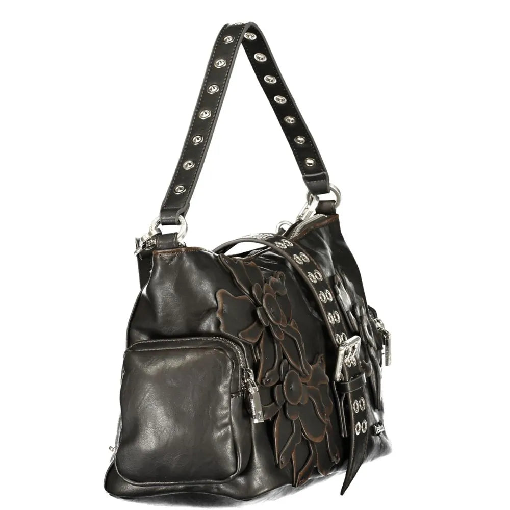 Marrone polyurethane women's tote bag with studded shoulder strap, intricate floral appliques, and silver hardware.