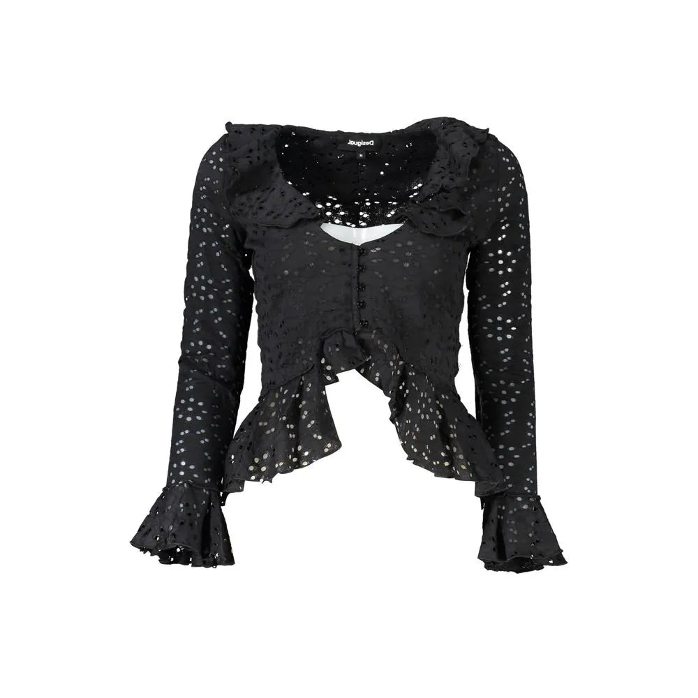 Nero Desigual long sleeve blouse with ruffled V-neck, perforated fabric, and flared cuffs.