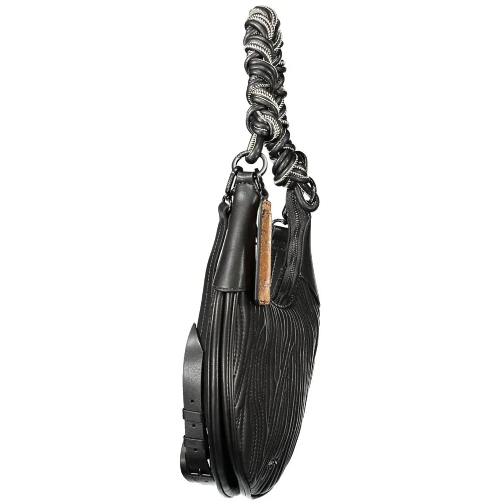 Black Desigual polyurethane woman bag with a unique braided handle featuring silver accents and a textured body.