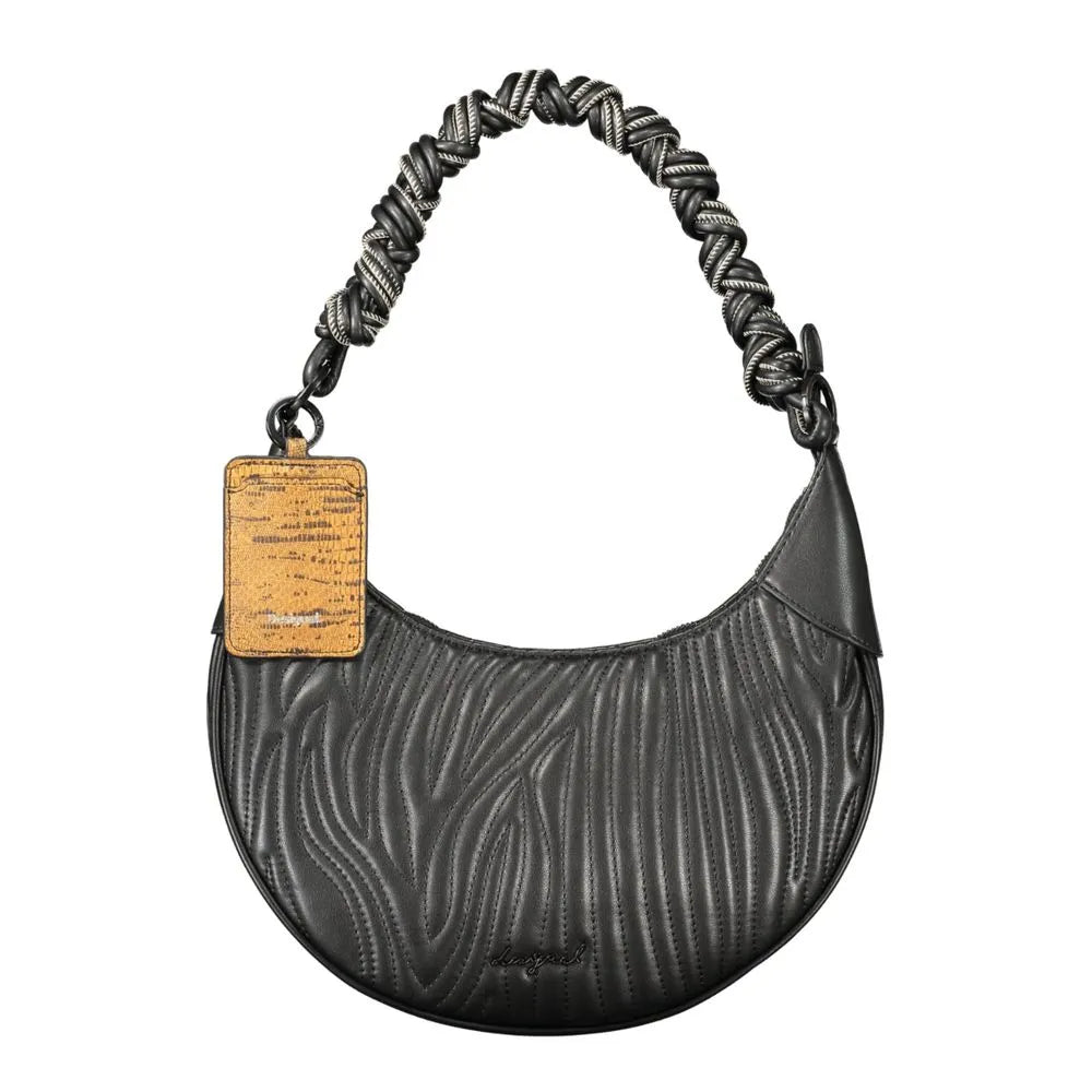 Black Desigual polyurethane crescent bag with wavy embossed texture, braided black & silver handle, and gold tag.
