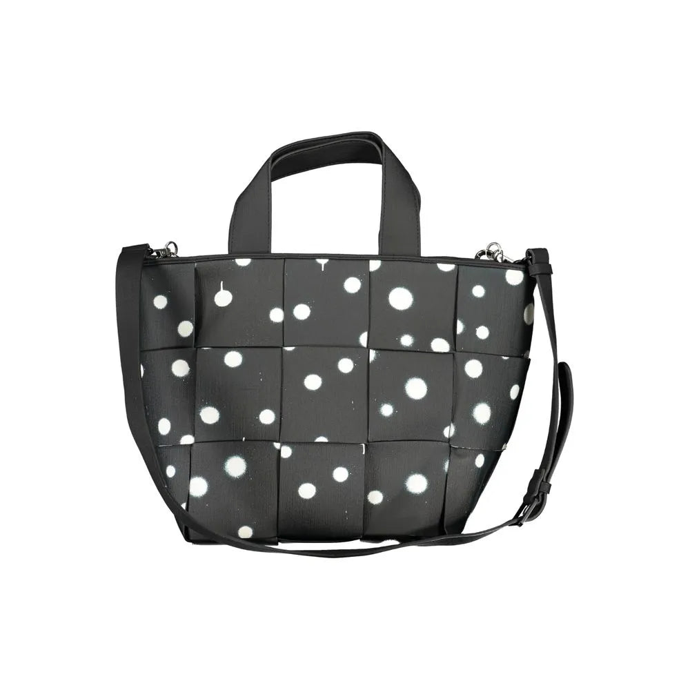 Black Desigual polyurethane shoulder bag with white sprayed dot pattern, top handles, and adjustable strap.