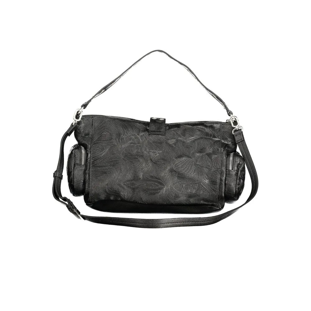 Stylish black poliuretano women's handbag with textured pattern, external zip pockets, and adjustable strap.
