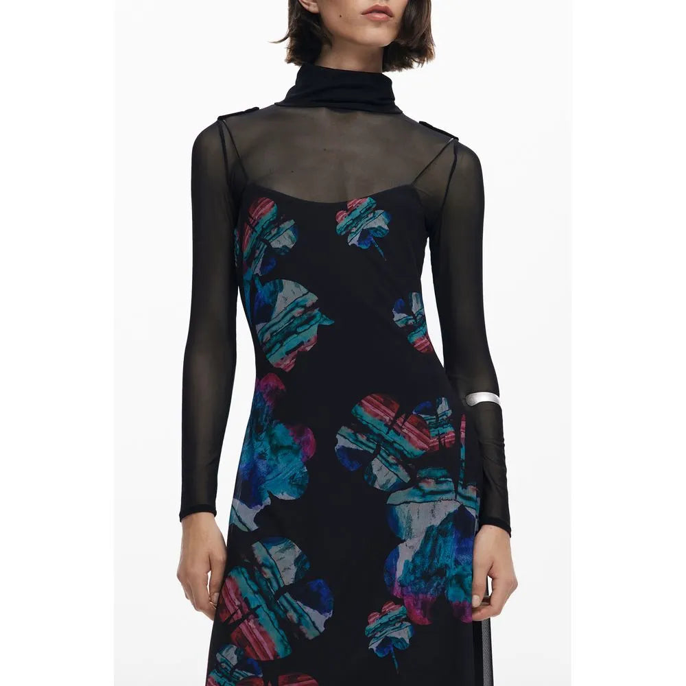 Black Desigual polyester long dress with vibrant watercolor floral print, thin straps, and sheer high-neck long-sleeve top.