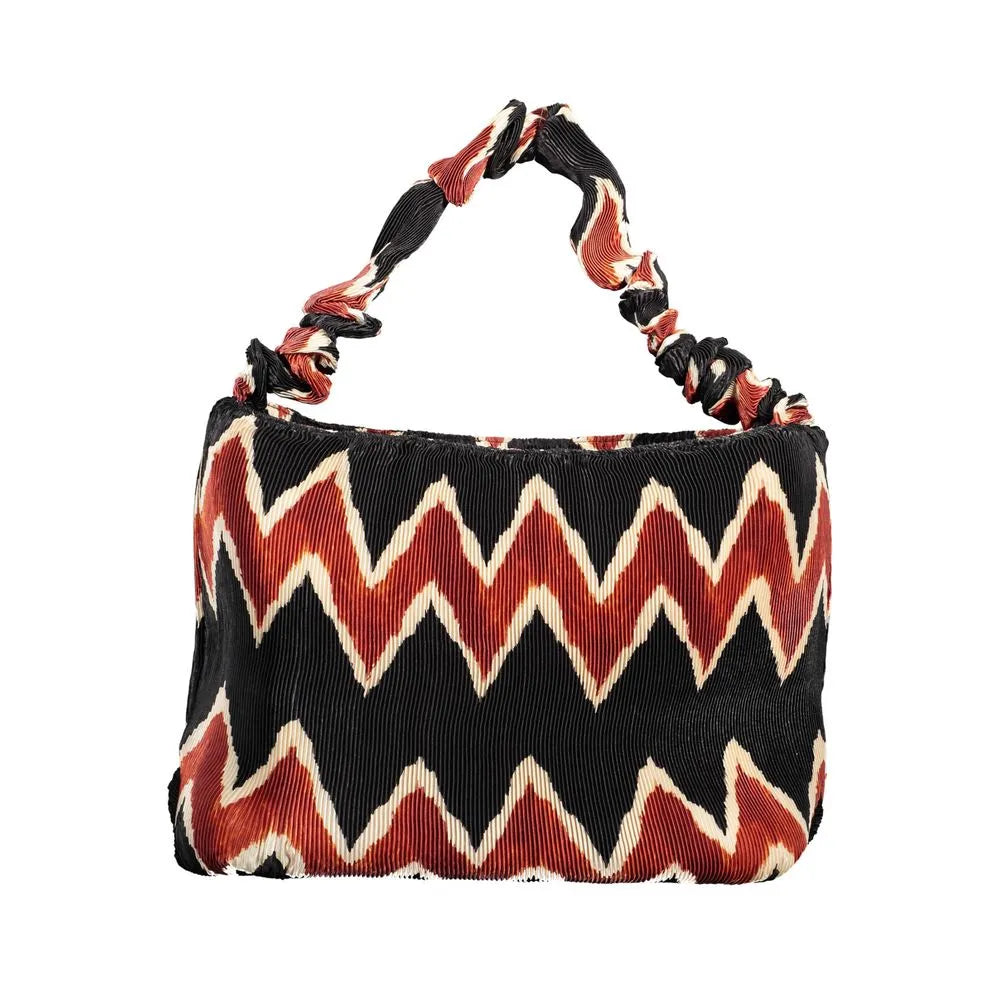 Black pleated polyester shoulder bag with rust and cream zigzag pattern, scrunchie handle.