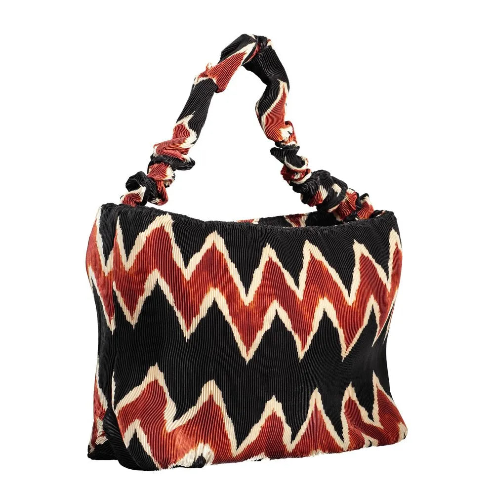 Black pleated polyester shoulder bag with bold red and white zig-zag pattern, twisted handle.