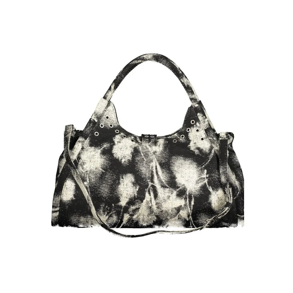 Nero polyester women's handbag with a distressed black and white pattern, two handles, and a shoulder strap.