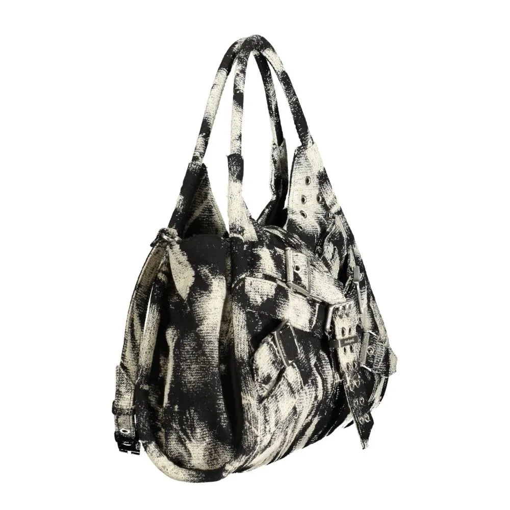 Desigual Nero polyester women's slouchy handbag with abstract black and white pattern, two top handles, and front buckles.