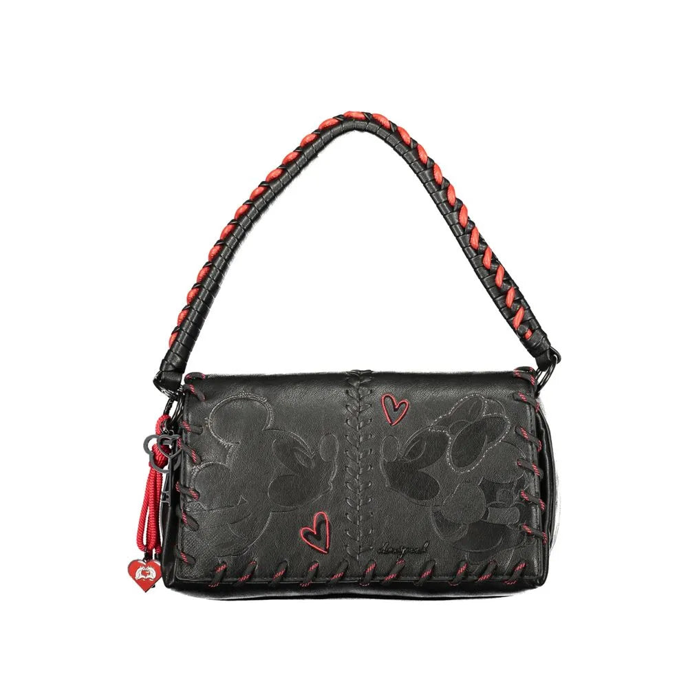 Nero Desigual polyurethane women's flap bag with Mickey & Minnie embroidery, red braided handle, and side tassel.