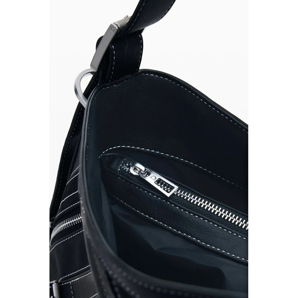 Nero polyurethane women's shoulder bag interior, silver zipper pocket, white contrast stitching.