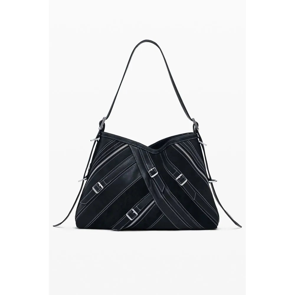 Nero polyurethane women's shoulder bag with diagonal silver zippers, white stitching, and buckles.