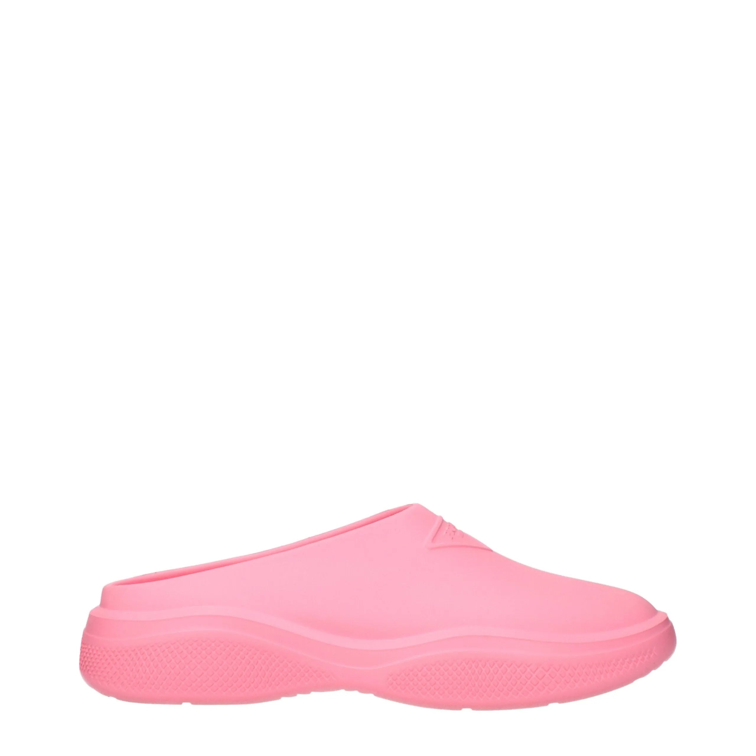 Prada begonia pink rubber slipper clog with a round toe, low flat sole, and embossed front logo.