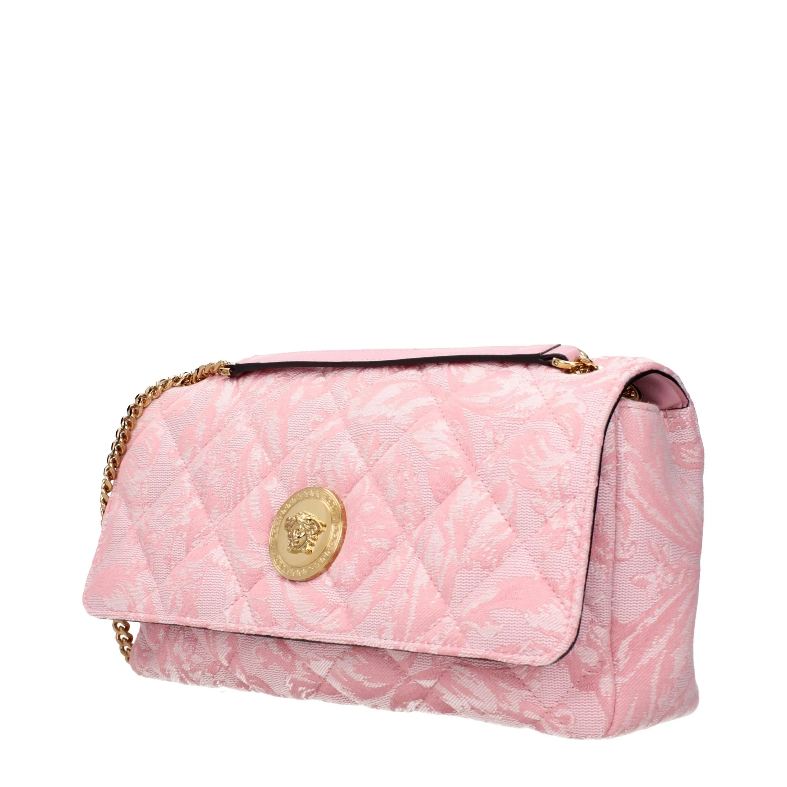 Pink Versace fabric shoulder bag with quilted pattern, gold chain strap, and Medusa emblem.