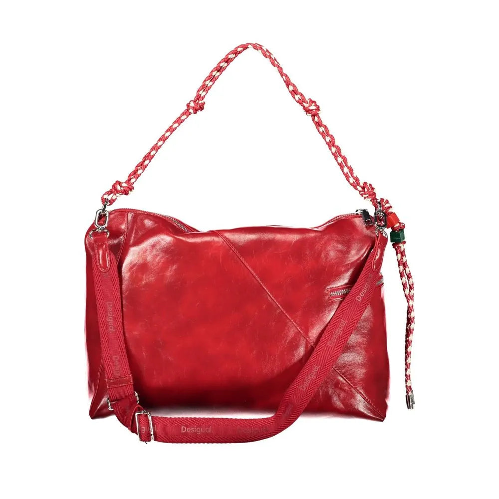 Vibrant Rosso red Desigual polyurethane women's handbag with a textured finish, braided handle, and logo shoulder strap.