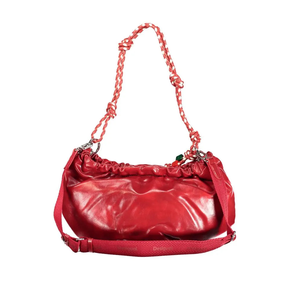Shiny red Desigual polyurethane women's handbag with a slouchy gathered top, braided handle, and adjustable shoulder strap.