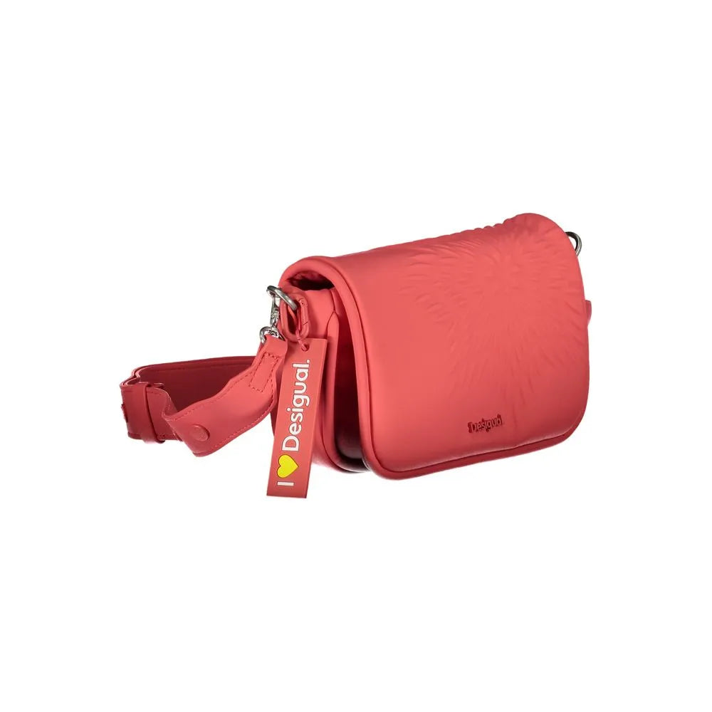 Rosso polyurethane Desigual shoulder bag with embossed sunburst flap and branded tag.