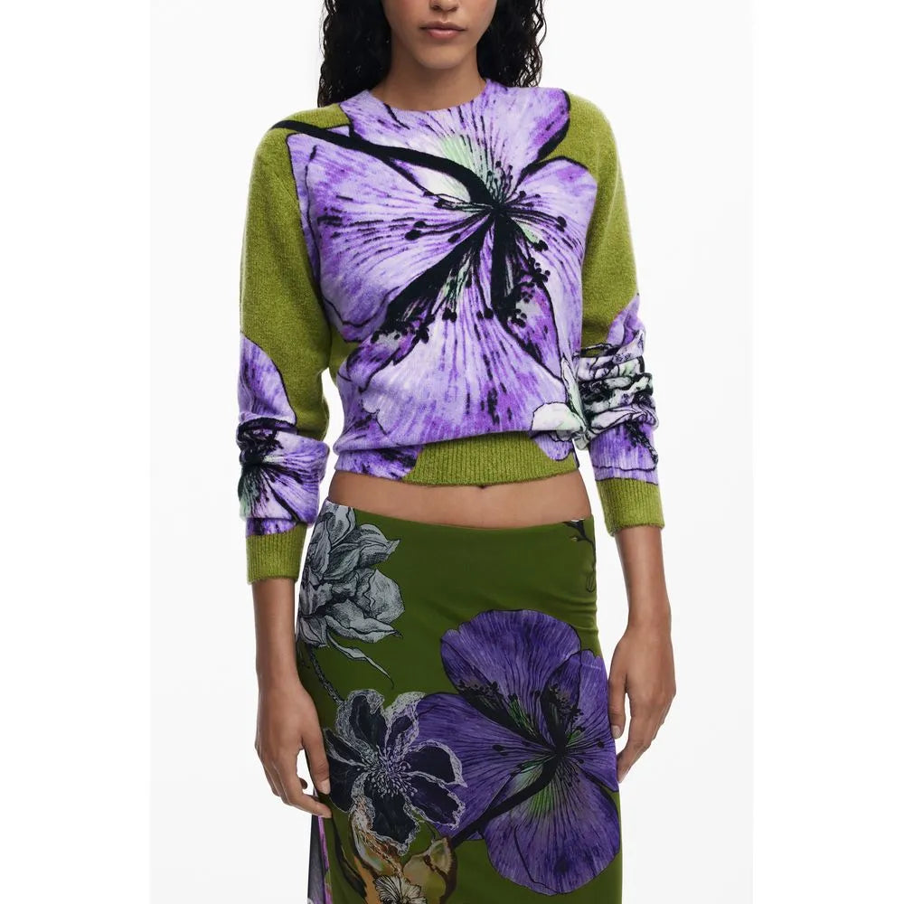 Green polyester women's long skirt with elastic waist, featuring a vibrant purple and grey floral print.