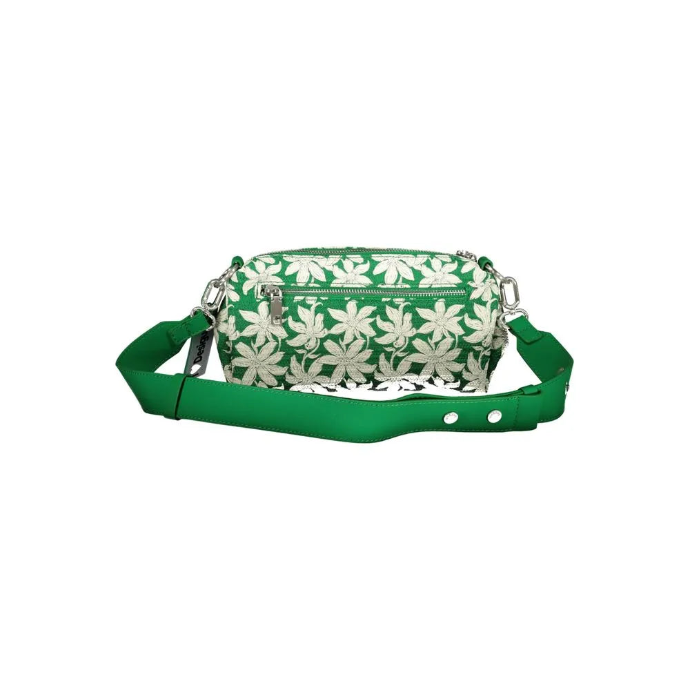 Green polyurethane woman's shoulder bag with white floral embroidery, adjustable strap, and zip closure.