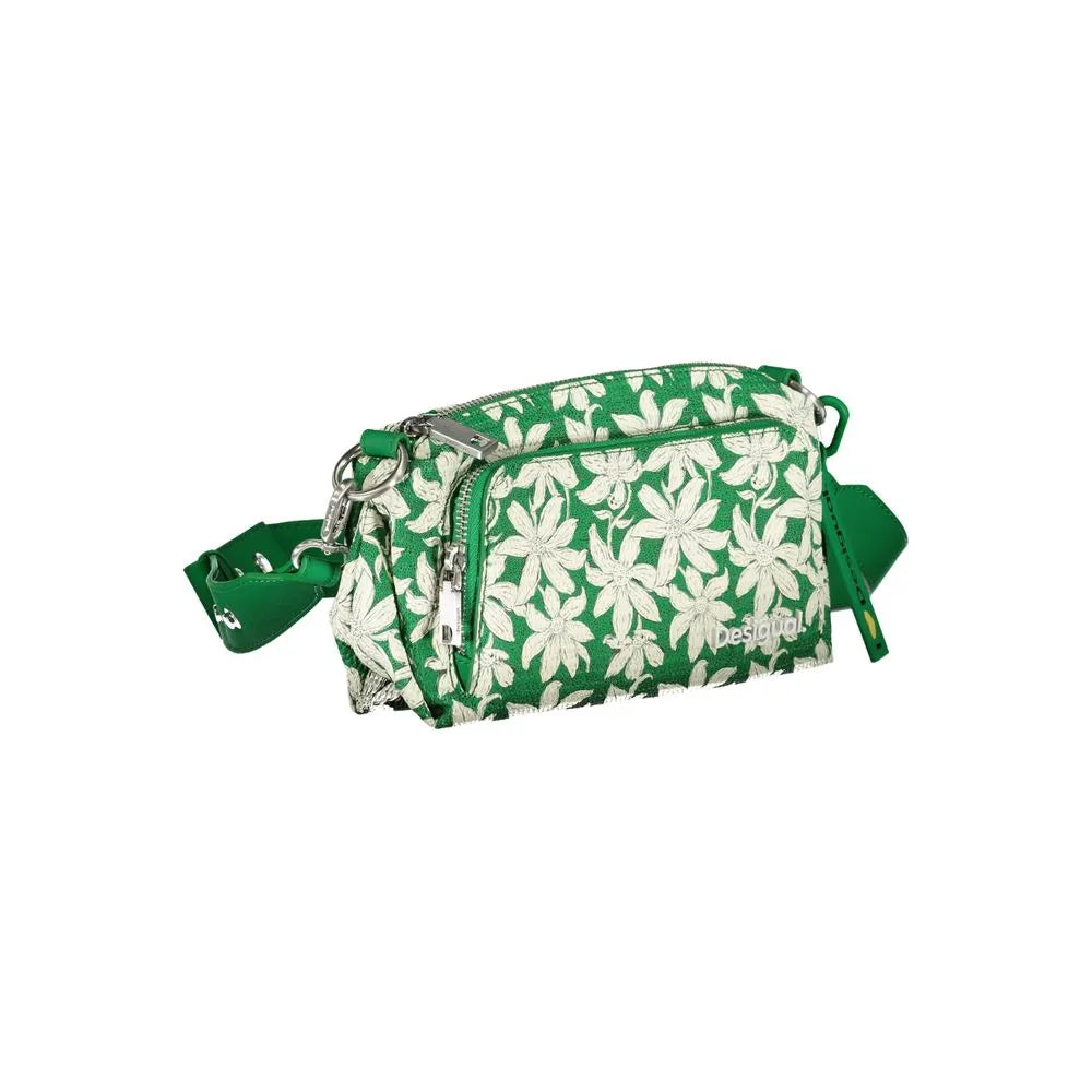 Verde Desigual polyurethane shoulder bag with white floral pattern, adjustable green strap, and zip closure.