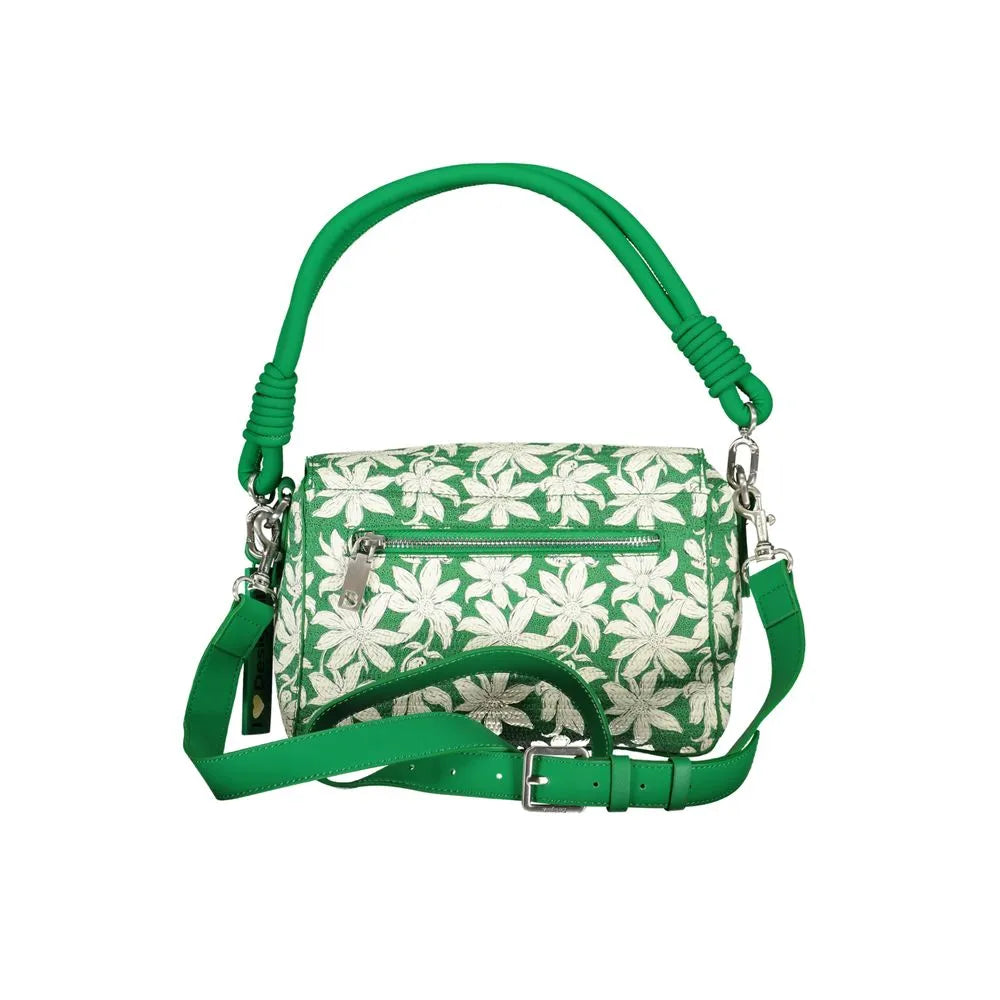Verde polyurethane women's handbag with white floral pattern, knotted green handle, and adjustable strap.