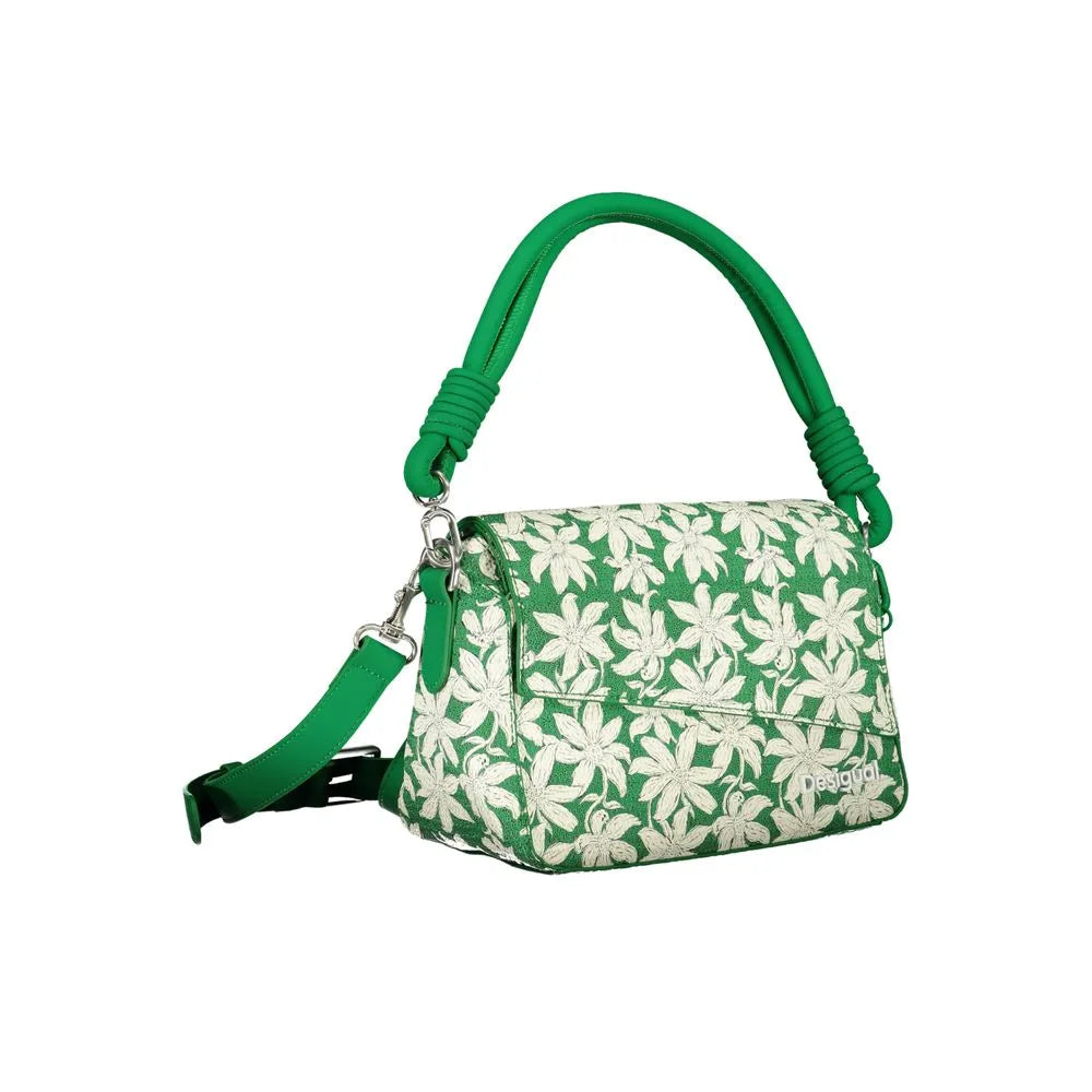 Desigual green and white leaf-pattern polyurethane handbag with a knotted top handle and adjustable strap.