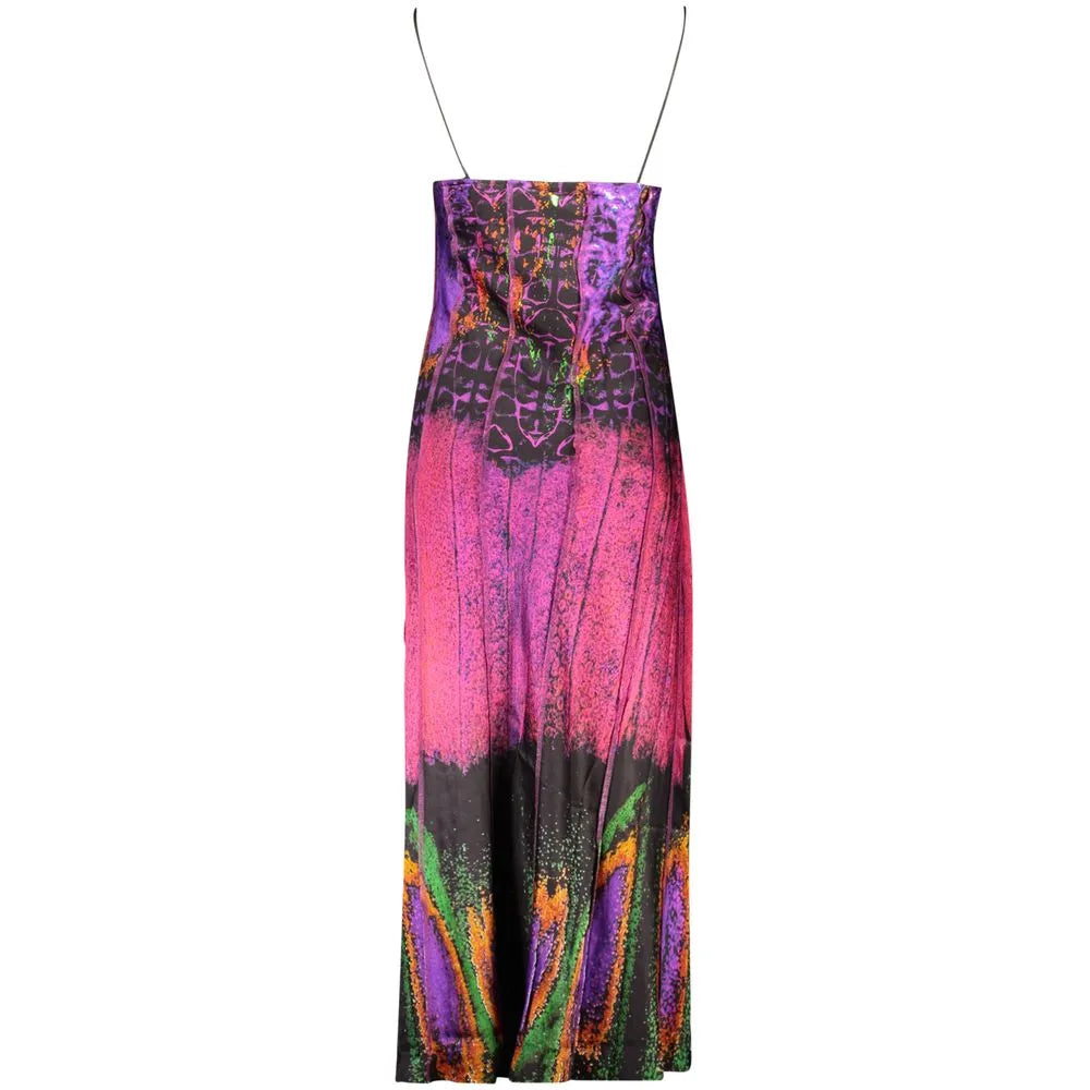 Viola Viscose women's maxi dress featuring a vibrant purple, pink, black, green, and orange abstract pattern with thin straps.