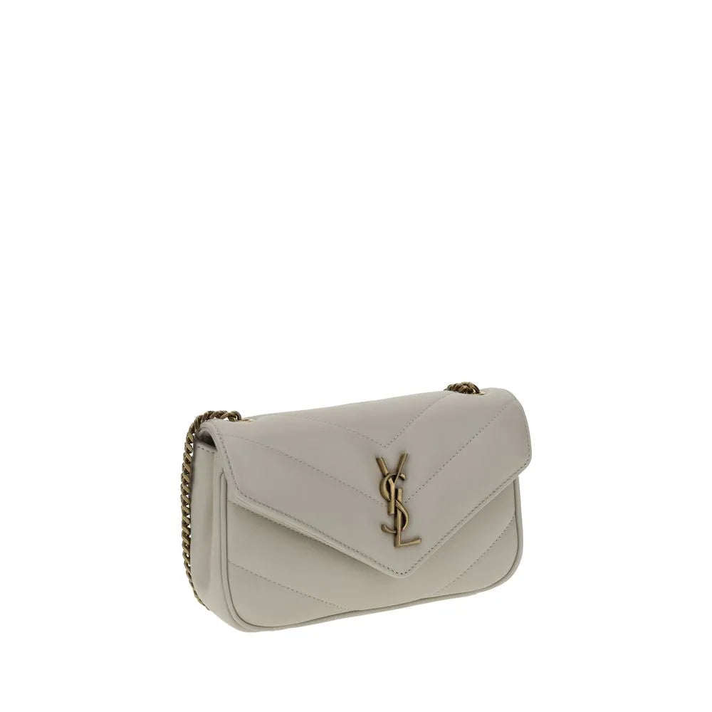 White quilted lambskin Saint Laurent Lou Lou mini shoulder bag with gold YSL logo and chain strap.