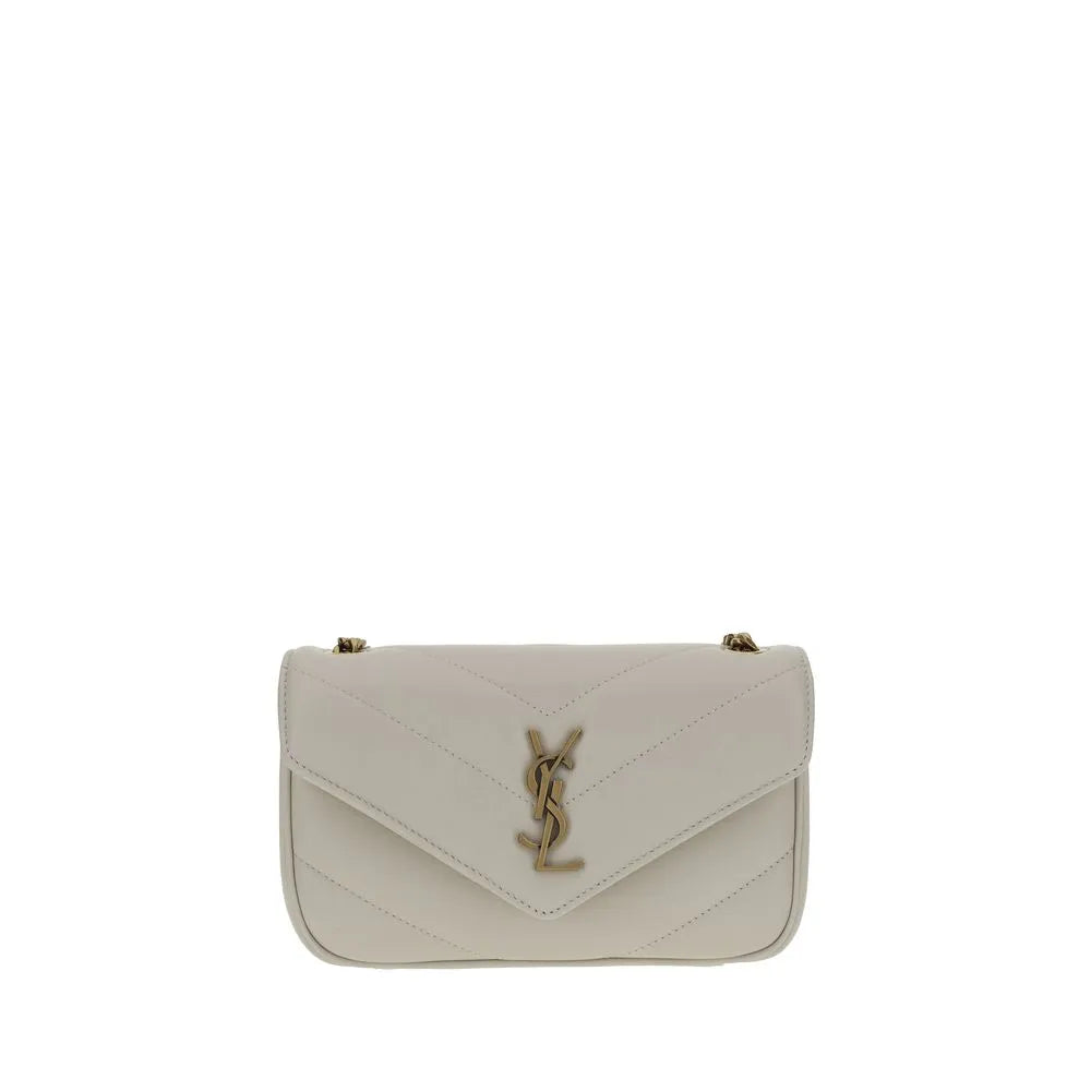 White Saint Laurent Lou Lou lambskin shoulder bag with chevron quilting, gold YSL logo plaque, and chain strap.