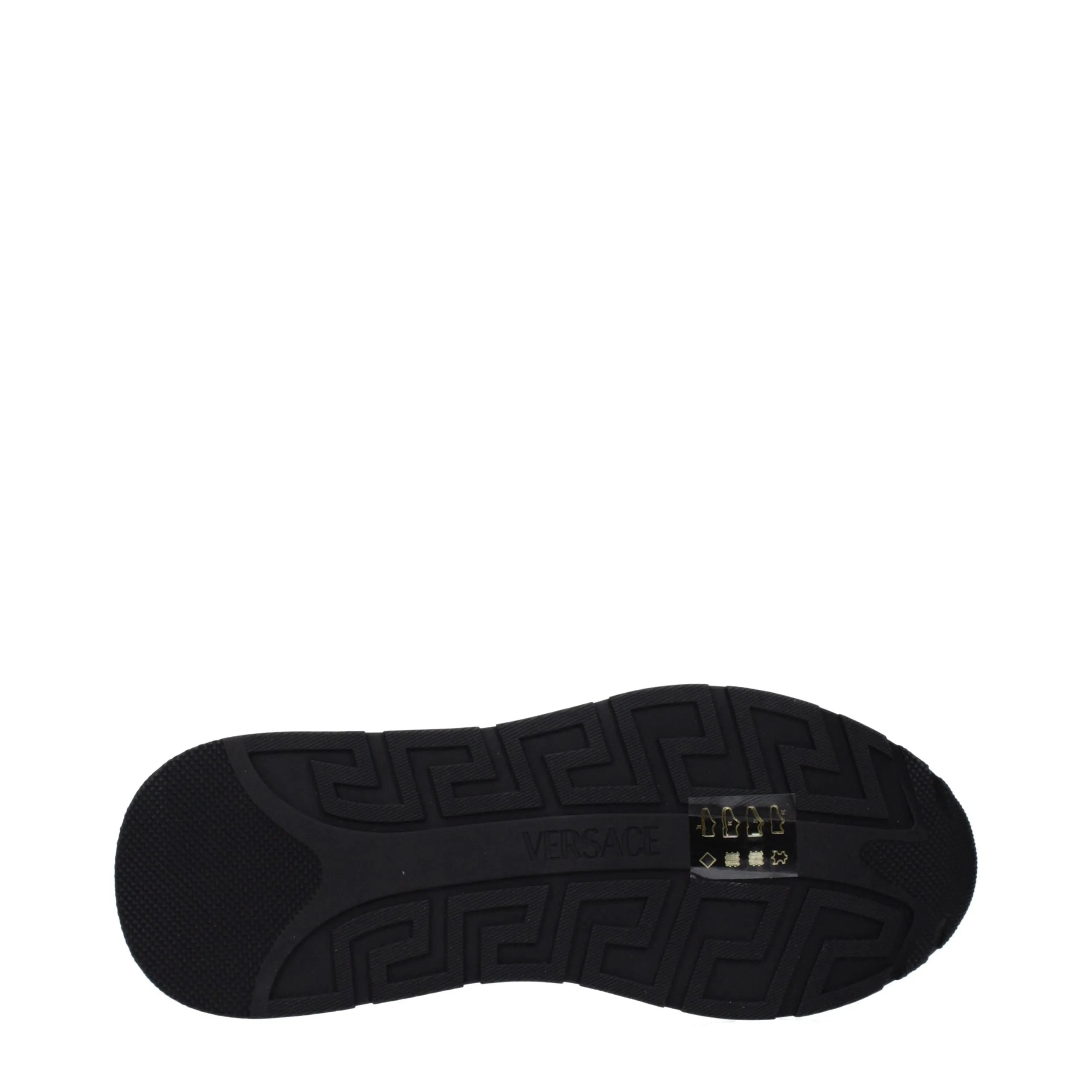 Black sole of Versace low top sneakers featuring a Greek key pattern and brand logo.