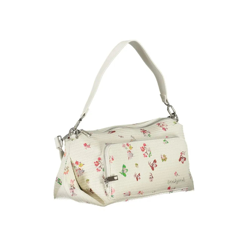 White Desigual polyurethane women's handbag with colorful floral print, zip closure, and front pocket.