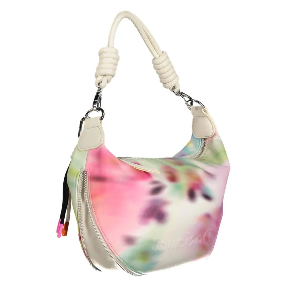 DESIGUAL white polyurethane women's hobo bag with vibrant tie-dye pattern, braided handle, and expandable side zippers.