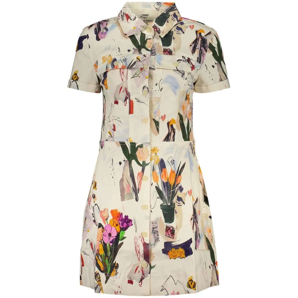 White Viscosa Desigual short patterned dress with colorful floral print, Italian collar, short sleeves, and pockets.
