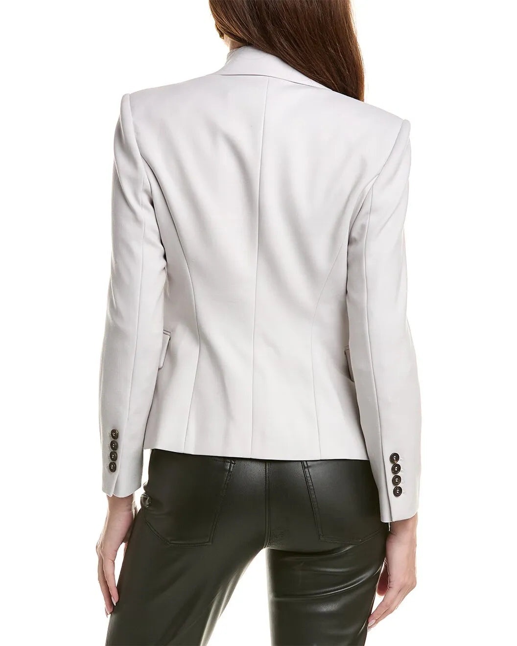 Brunello Cucinelli women's tailored milk wool blend blazer with button cuffs, back view.