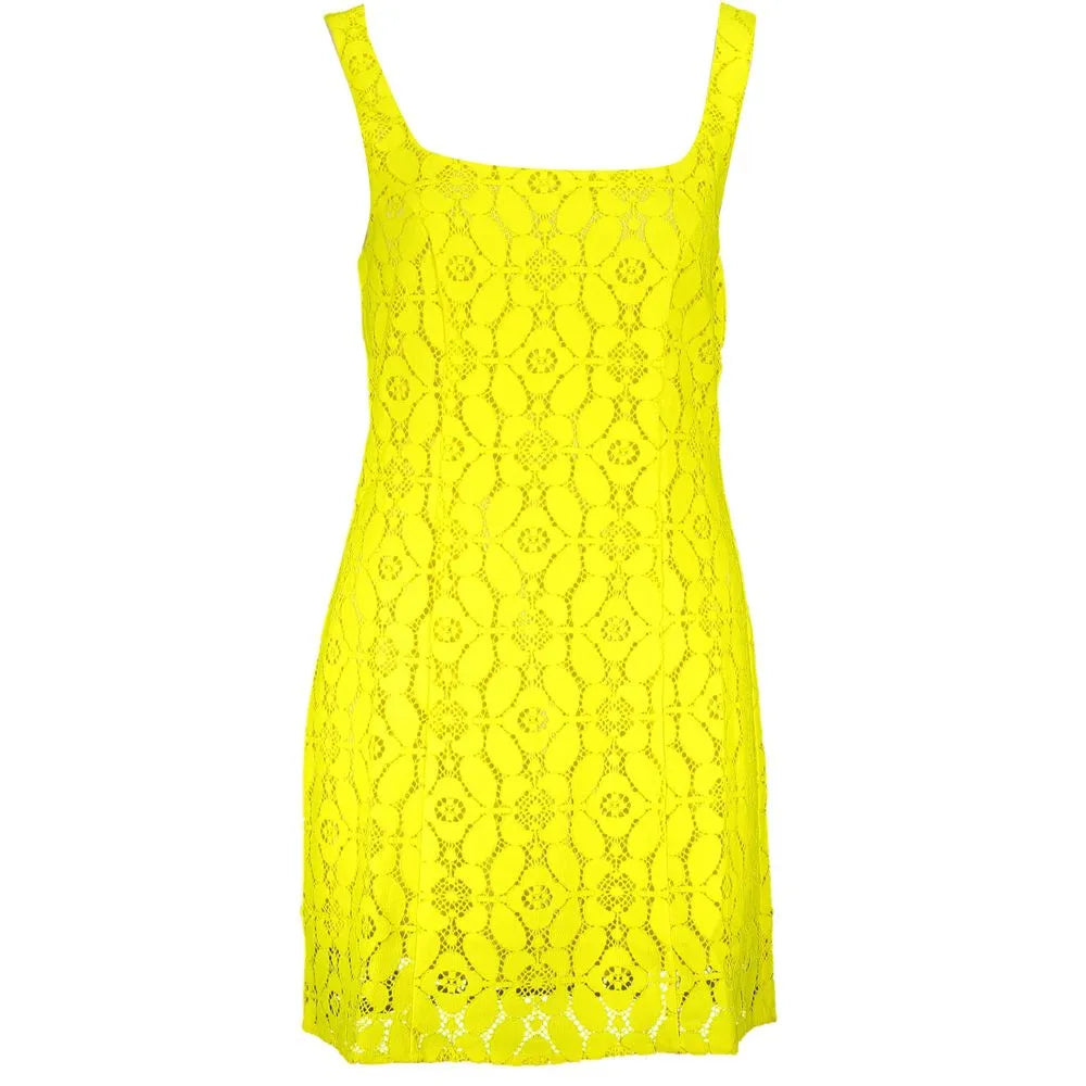 Vibrant yellow Desigual sleeveless polyester mini dress with square neckline and intricate lace pattern.